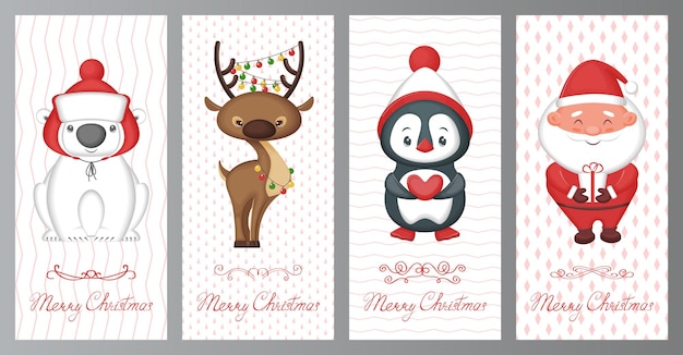 Merry Christmas greeting cards set. Cute cartoon characters on a white background