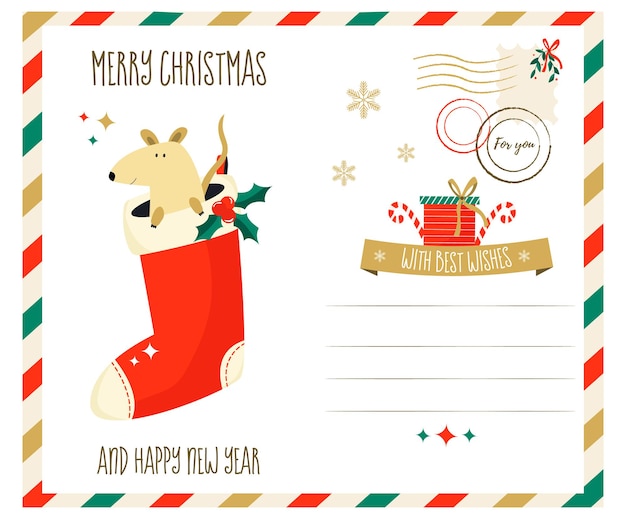 Merry Christmas greeting postcard with mouse. Holiday wishes