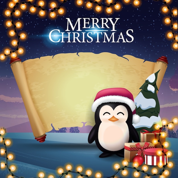 Buon natale, cartolina d'auguri con il pinguino in cappello di babbo natale con regali