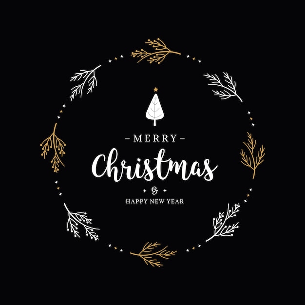 Merry christmas greeting text branch circle black background