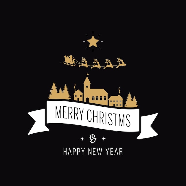 Vector merry christmas greeting text gold santa sleigh landscape black background