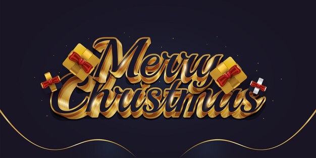 Merry christmas greeting text with gift box and luxury 3d lettering in blue and gold