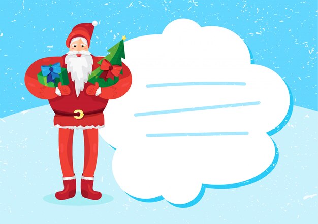 Merry christmas greeting with santa claus or father frost with gift and fir in hands. vector