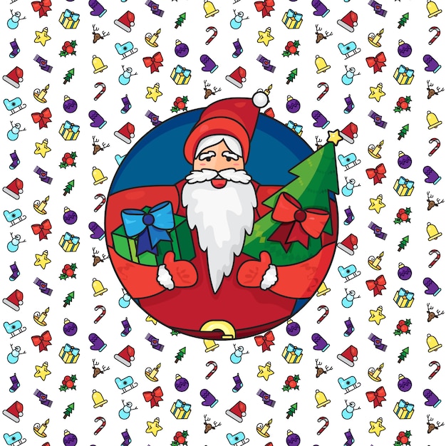 Merry christmas greeting with santa claus or father frost with gift and fir in hands