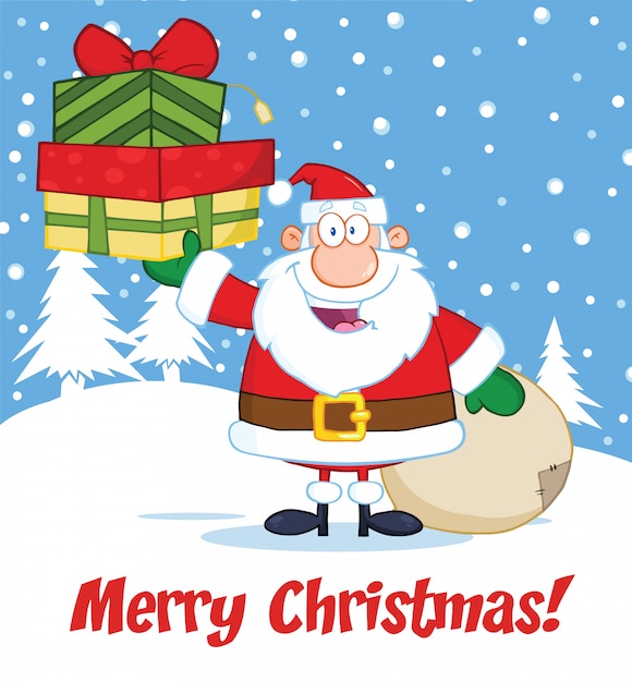 Merry Christmas Greeting With Santa Claus Holding Up A Stack Of Gifts