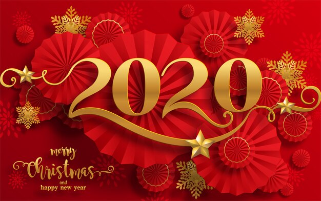 Vector  merry christmas greetings and happy new year 2020 templates with beautiful winter and snowfall patterned paper cut art.