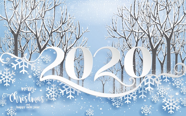 Merry christmas greetings and happy new year 2020 templates with beautiful winter and snowfall patterned paper cut art.