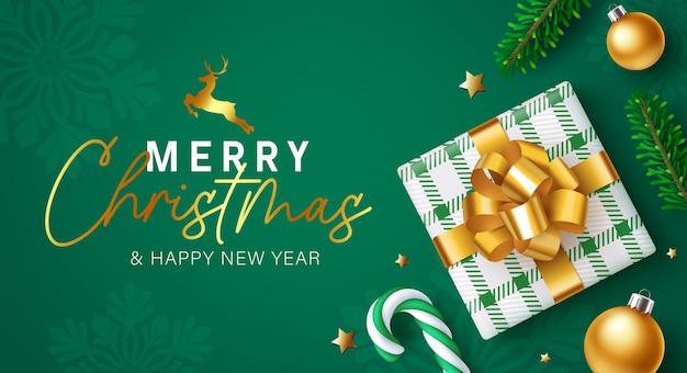 Merry christmas greetings vector background design Christmas greeting text with gift box gold ball