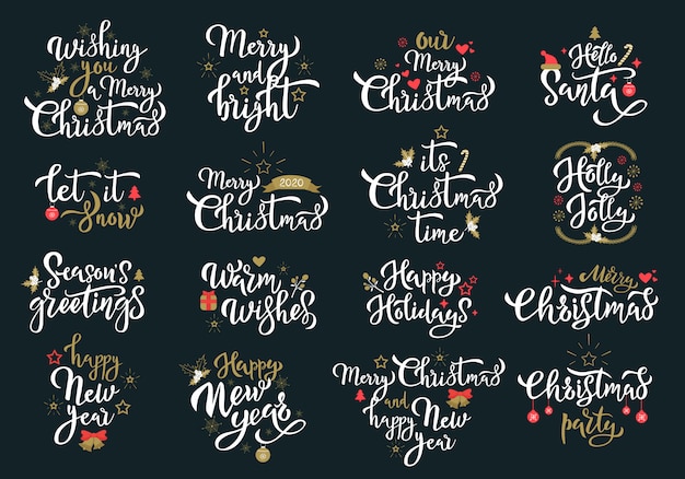 Merry Christmas greetings white calligraphy phrases set