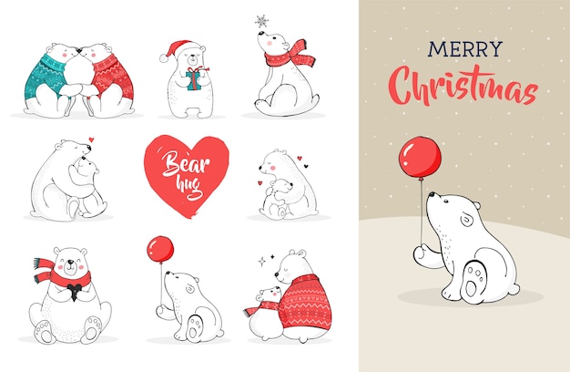 곰과 함께 메리 크리스마스 인사입니다. 손으로 그린 북극곰, 귀여운 곰 세트, 엄마와 아기 곰, 곰 커플