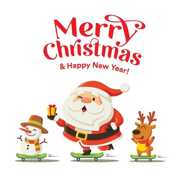 만화 귀여운 산타 클로스 순 록과 스케이트 보드를 타고 눈사람과 함께 메리 크리스마스 인사
