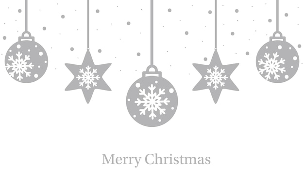 Merry Christmas grey celebration card with hanging balls. Vector illustration of winter holidays.