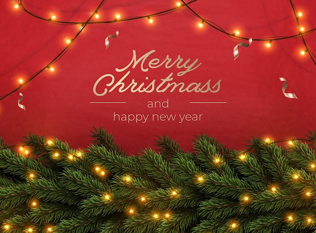 Merry christmas groet banner met chrirstmas decor fir twijgen en confetti, vectorillustratie.
