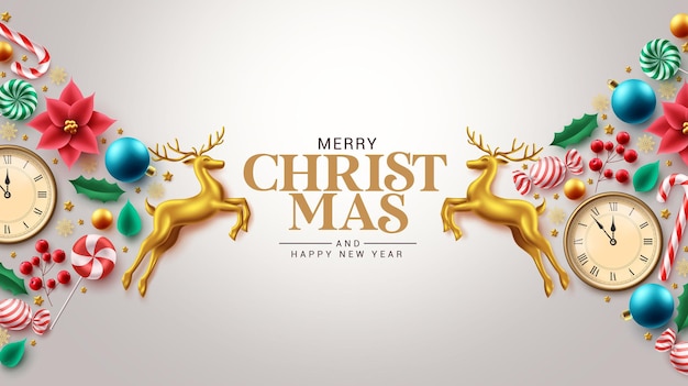 Merry christmas groet tekst vector ontwerp. Kerst realistische ornamenten en elementen decoratie