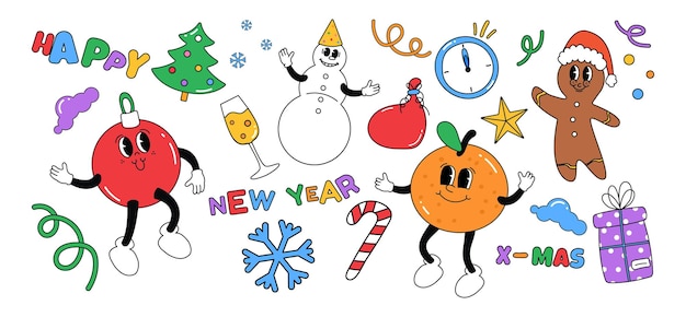 Buon natale groovy set di caratteri capodanno felice giocattolo arancione pupazzo di neve vacanze oggetto stile doodle stile cartone animato retrò alla moda personaggi ed elementi dei cartoni animati illustrazione vettoriale