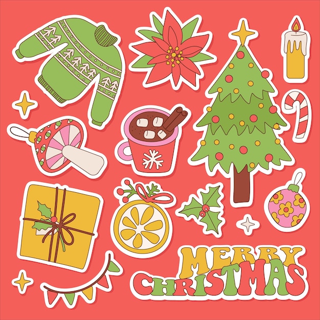 Buon natale groovy retro s set di adesivi di simpatici elementi hippie collezione vacanza clip art in li