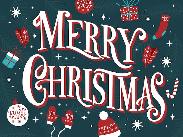 Merry Christmas hand belettering teken op donkerblauwe achtergrond met vakantie pictogrammen en sterren. Kleurrijke feestelijke vectorillustratie