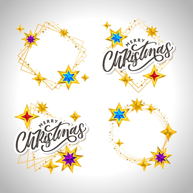 Merry christmas hand drawn lettering with golden frame and stars