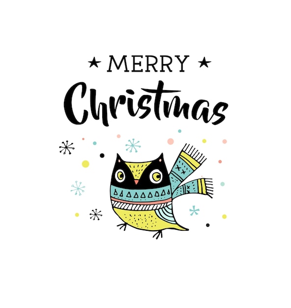 Merry christmas hand getrokken schattige doodle, illustratie en wenskaarten met uil. belettering, typografie