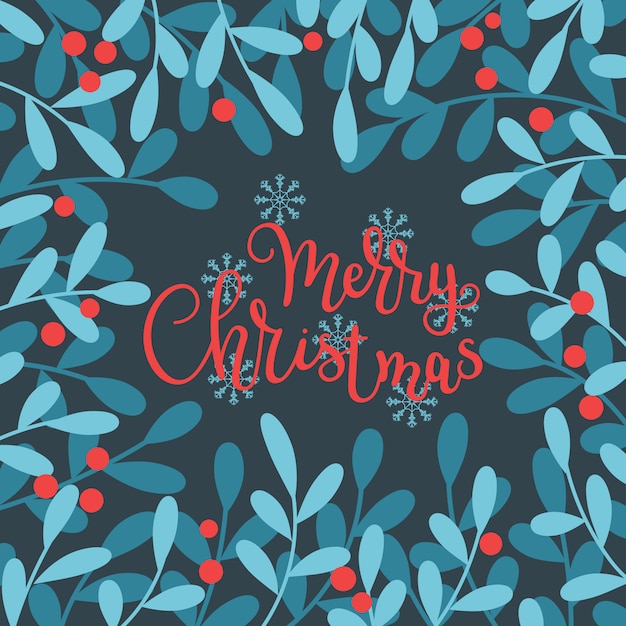 Vector merry christmas hand lettering inside the blue leaves and red berries.