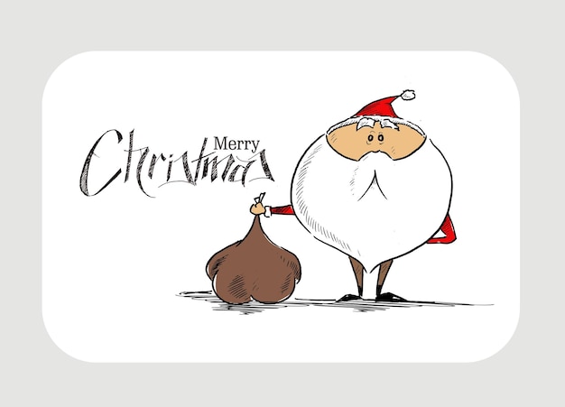 Счастливого Рождества! Ручной схематичный рисунок забавного Санта-Клауса, держащего подарочную сумку, векторные иллюстрации