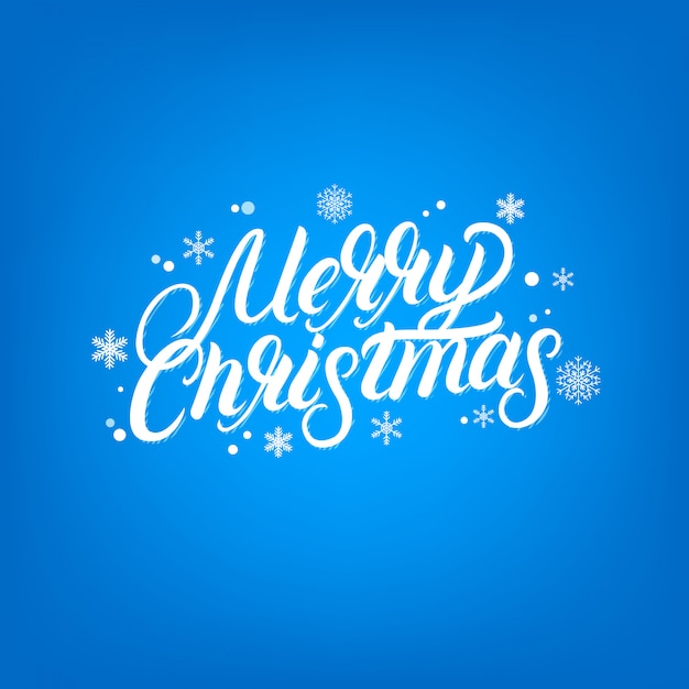 Merry Christmas hand written lettering design. Falling snoy and snowflakes.