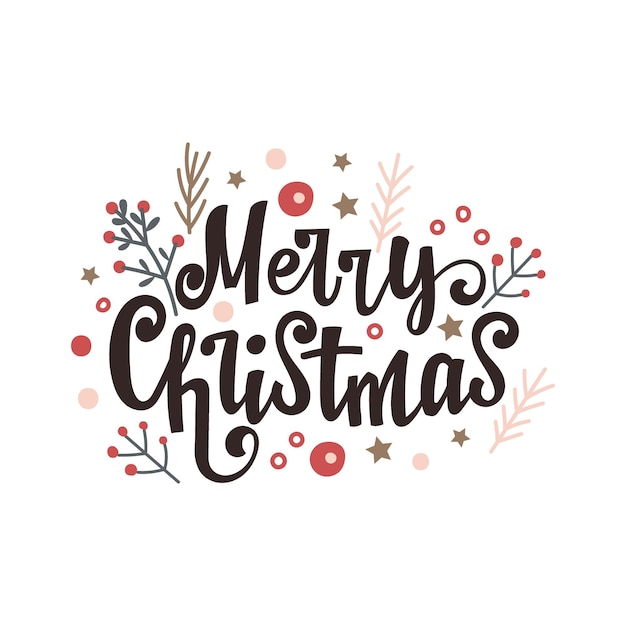 Vector merry christmas handgetekende letters met bloemen vectorillustratie