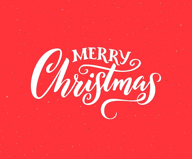 Merry Christmas. Handmade lettering for greeting card, vintage style. White calligraphy on red background.