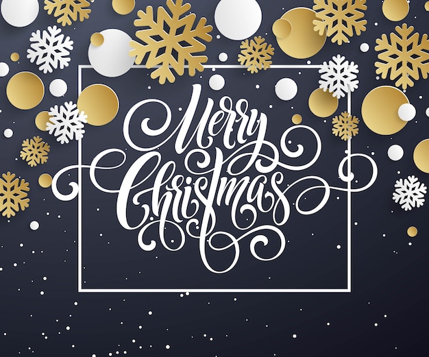 Vector merry christmas handschrift script belettering, christmas wenskaart met sneeuwvlokken.