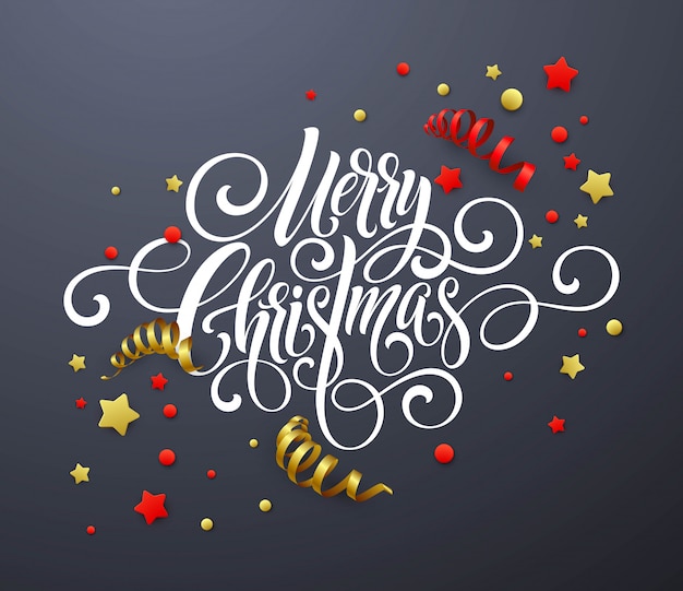 Vector merry christmas handwriting script lettering, christmas congratulatory card with streamers