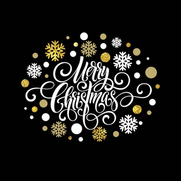 Merry christmas handwriting script lettering, christmas greeting card with snowflakes.