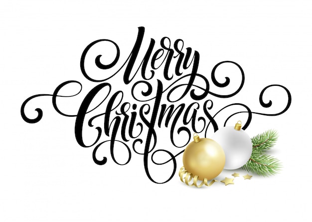 Merry Christmas handwriting script lettering, Greeting card with a Christmas tree and decorations. 