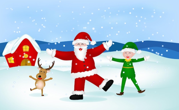 Merry Christmas Happy Christmas companions Santa Claus Reindeer and elf in Christmas snow scene