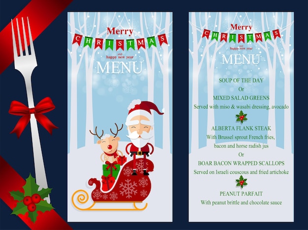 Merry christmas happy christmas menu set. santa claus, snowman, reindeer and elf in christmas snow scene with craft style on background.