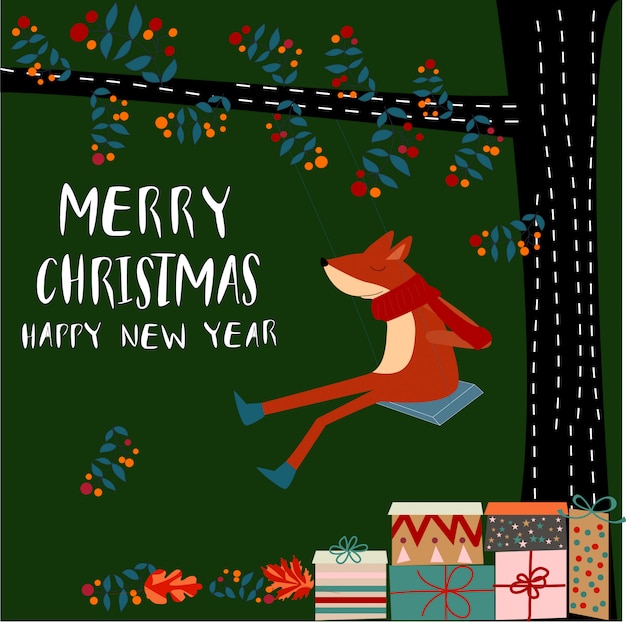 Merry christmas happy fox animal cartoon doodle art