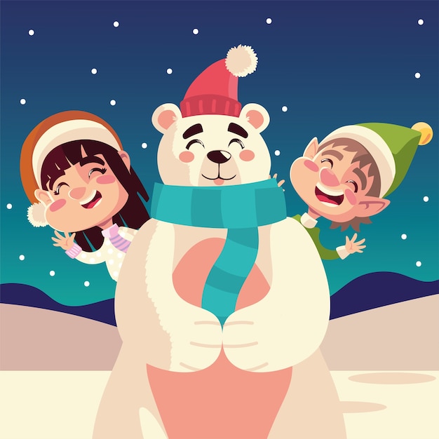 メリークリスマス、幸せな女の子と男の子のホッキョクグマと帽子のお祝いのイラスト