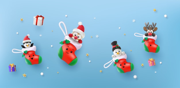 Vector merry christmas and happy and happy new year. santa claus, snowman, reindeer and penguin in the red sock