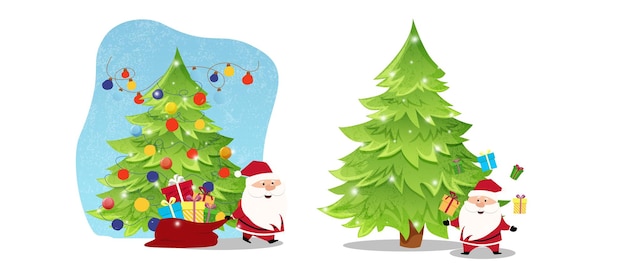 Merry Christmas and Happy Holidays card with cute Santa Claus decorating New Year tree Vector illustration Cute vector illustration on a Christmas theme in children's style