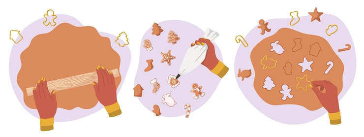 Vector merry christmas and happy holidays. winter sweets. woman making homemade cookies. christmas cookies