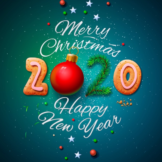 Merry christmas and happy new year 2020 greeting card, illustration.