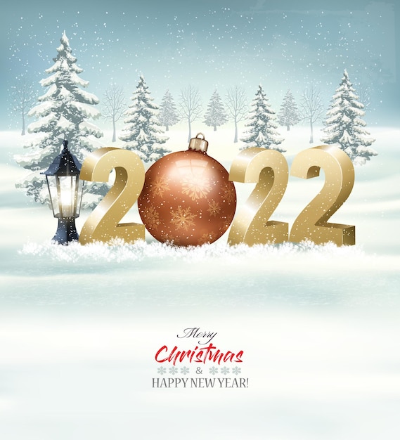 Merry Christmas and Happy New Year 2022. 3D numbers with a gold bauble, light bulb on a winter landscape background. Vector