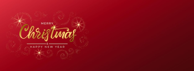 Merry christmas and happy new year 2022. greeting card with hand drawn lettering and gold glittering spirals on red background. panorama for holiday invitations, banner, poster. vector illustration.