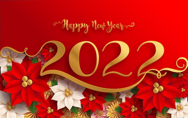 Merry christmas and happy new year 2022 with gold patterned and crystals on paper color.