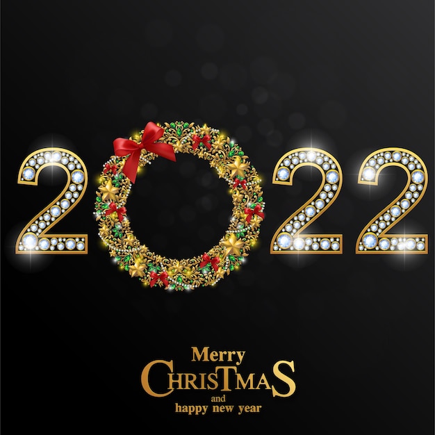 Vector merry christmas and happy new year 2022 with gold patterned and crystals on paper color.