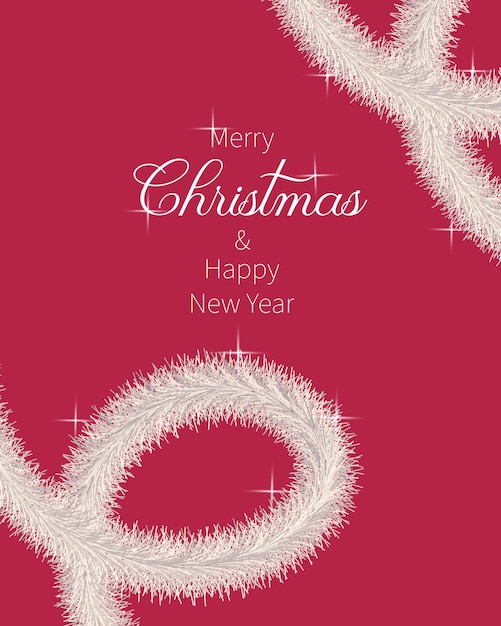 Merry Christmas and Happy New Year 2023 banner Viva Magenta trend color 2023 with tinsel and balls