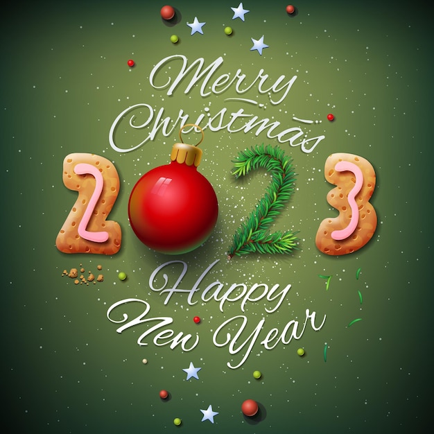 Merry Christmas and Happy New Year 2023 greeting card, vector illustration