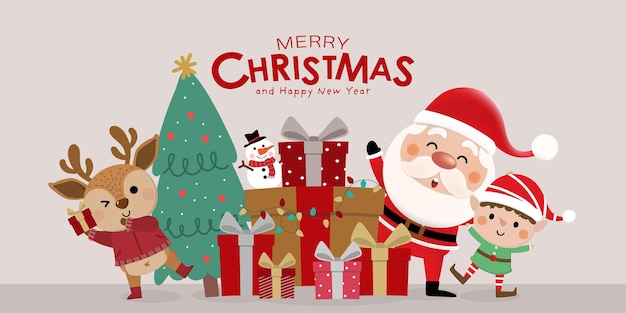 Merry christmas and happy new year 2023 greeting card with cute santa claus