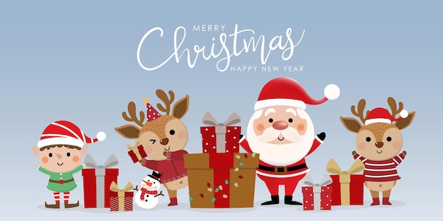 Vector merry christmas and happy new year 2023 greeting card with cute santa claus