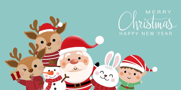Merry Christmas and happy new year 2023 greeting card with cute Santa Claus
