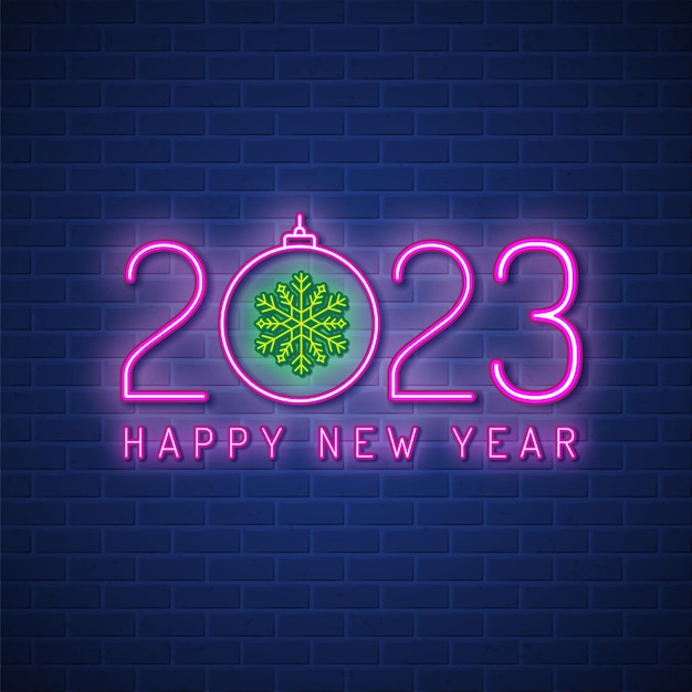 Vettore buon natale e felice anno nuovo 2023 insegna al neon e insegna luminosa del negozio di banner